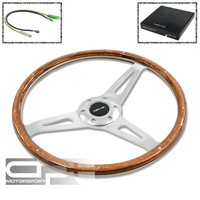 NRG 365mm 6-Hole Wood Grain Steering Wheel for Universal Fit (Rivet + Horn)