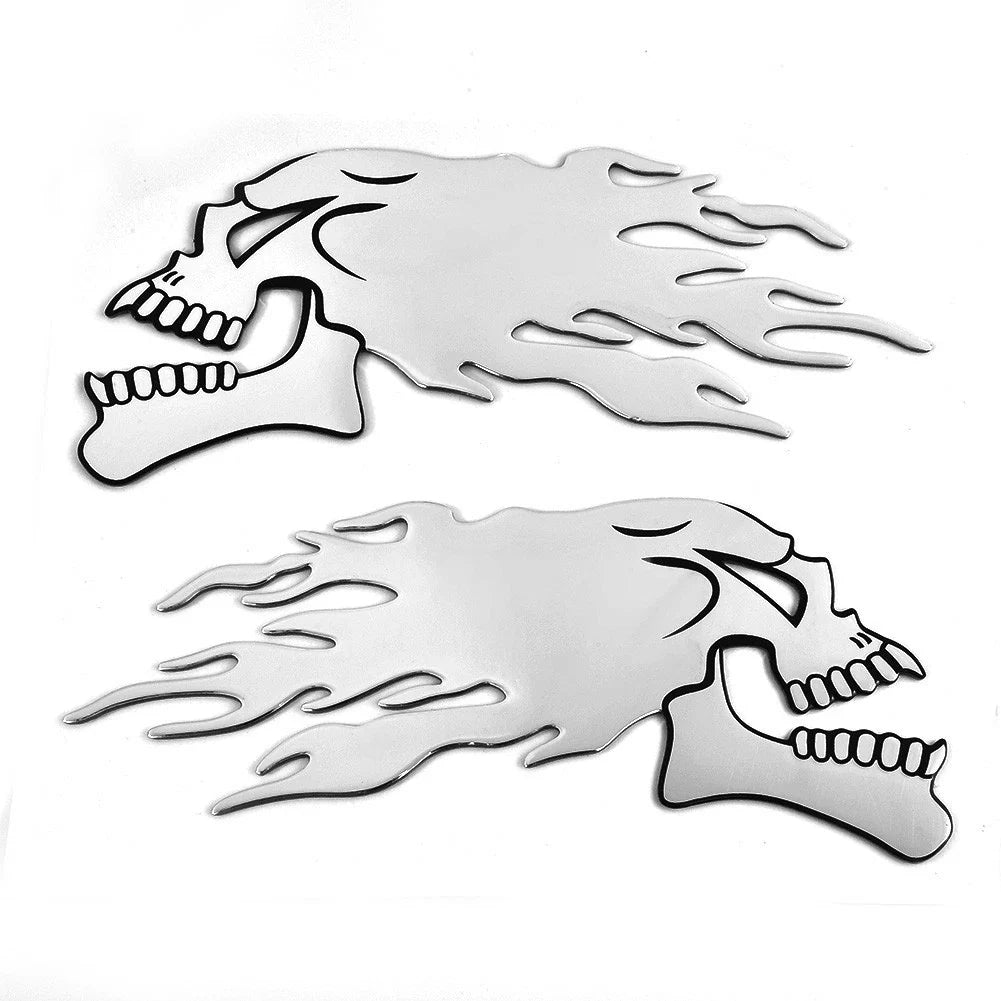 Set of 2 Skull Flame Fuel Gas Tank Fairing Emblems for Motorcycle (L/R)