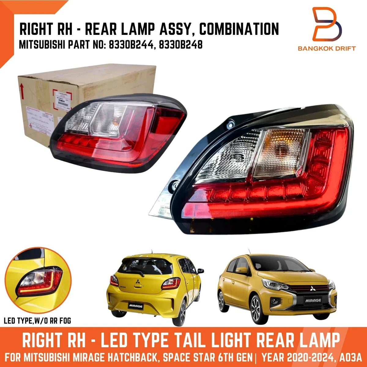 Right RH Rear LED Tail Light for Mitsubishi Mirage Hatchback (20-24)
