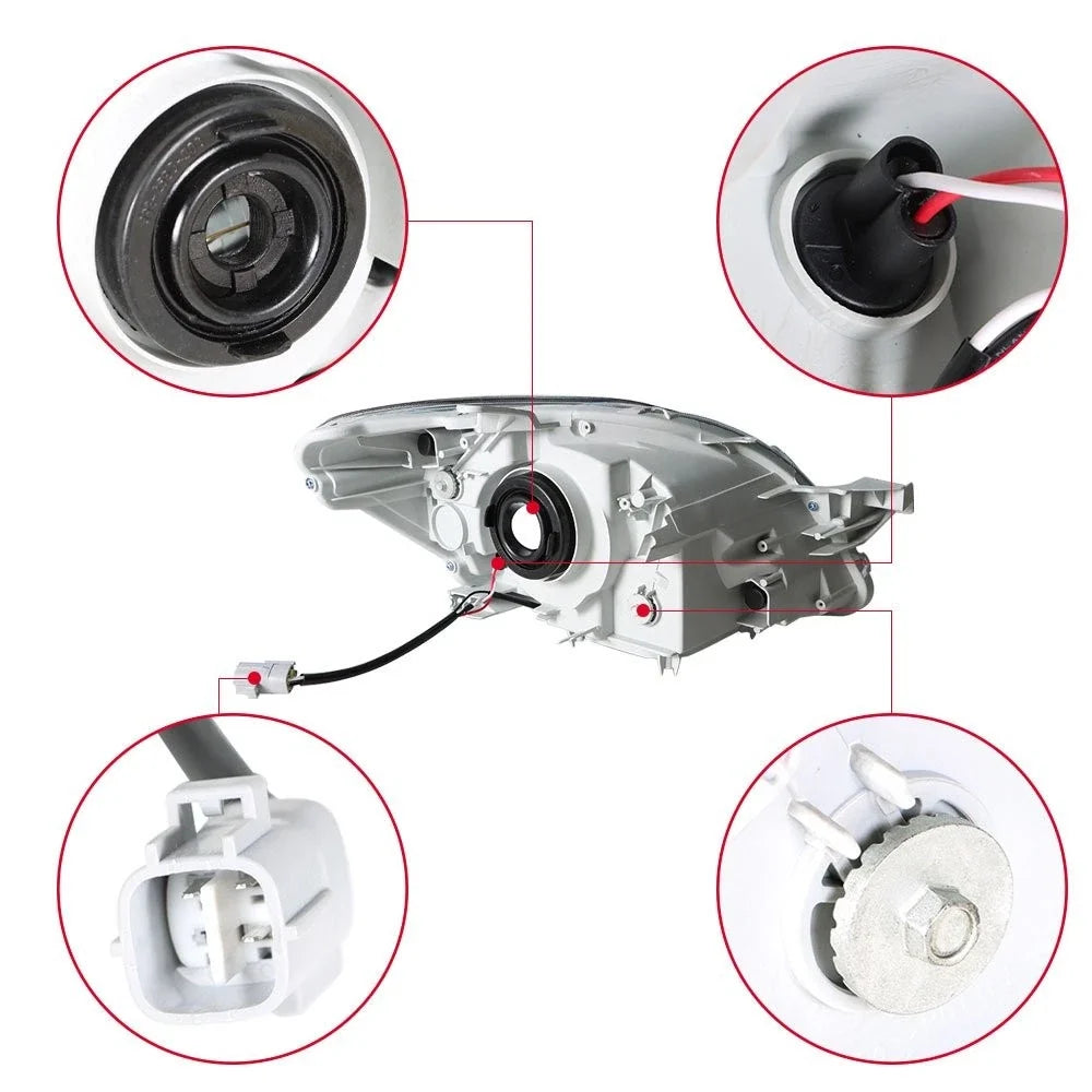 Replacement Headlight Set LH+RH Black Halogen Clear for Yaris 2007-2012