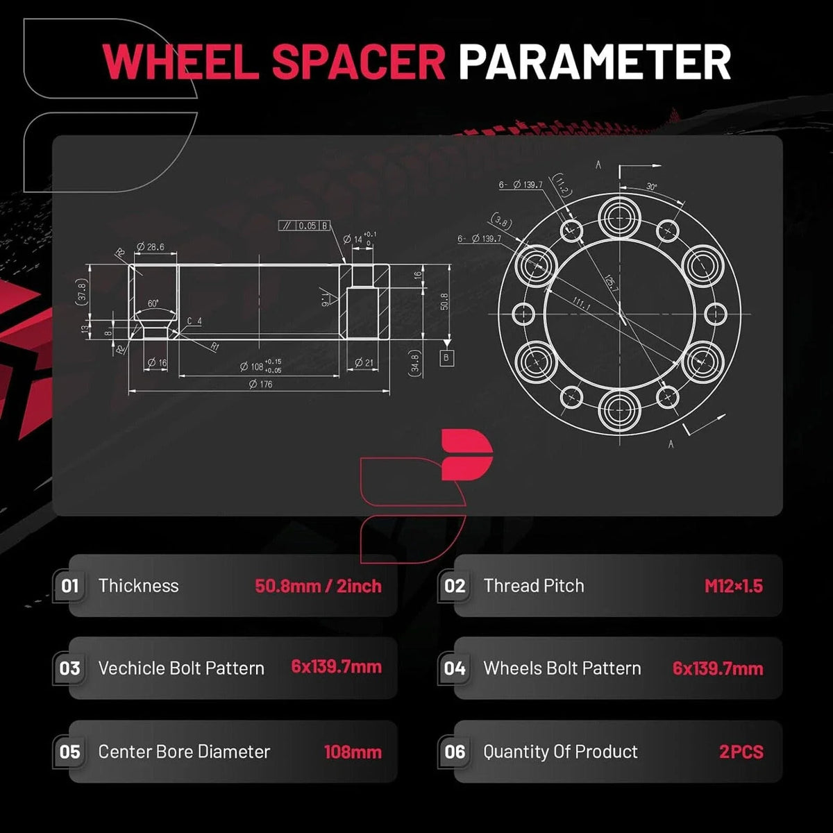 2X 2" Wheel Spacers M12x1.5 for Toyota 4Runner Tacoma Sequoia (2000–2023)