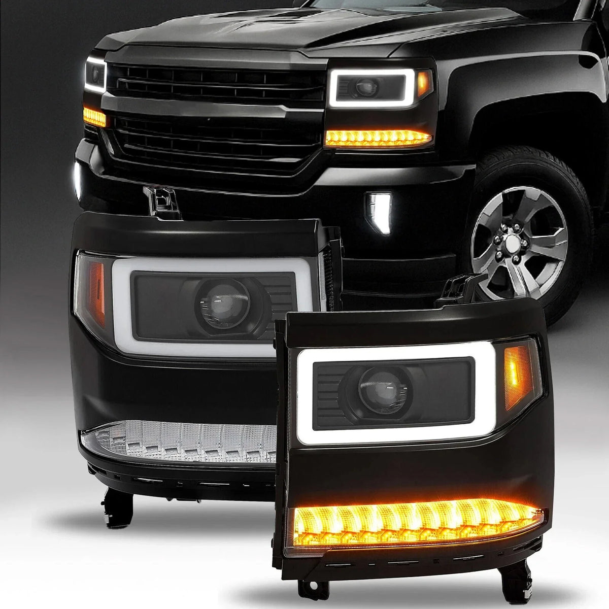 LED DRL Projector HID/Xenon Headlight Pair for 2016-2019 Chevy Silverado 1500