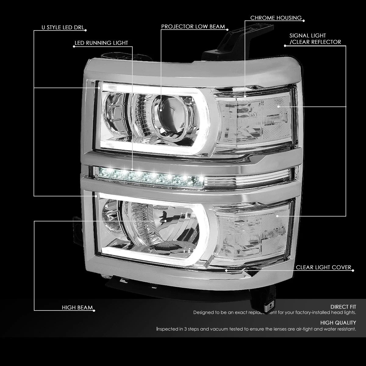 LED Chrome Clear Side Projector Headlight for Silverado 1500 (2014–2015)