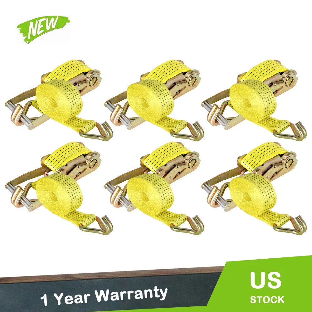 Set of 6 Heavy Duty 2" x 15' Ratchet Straps with J Hook