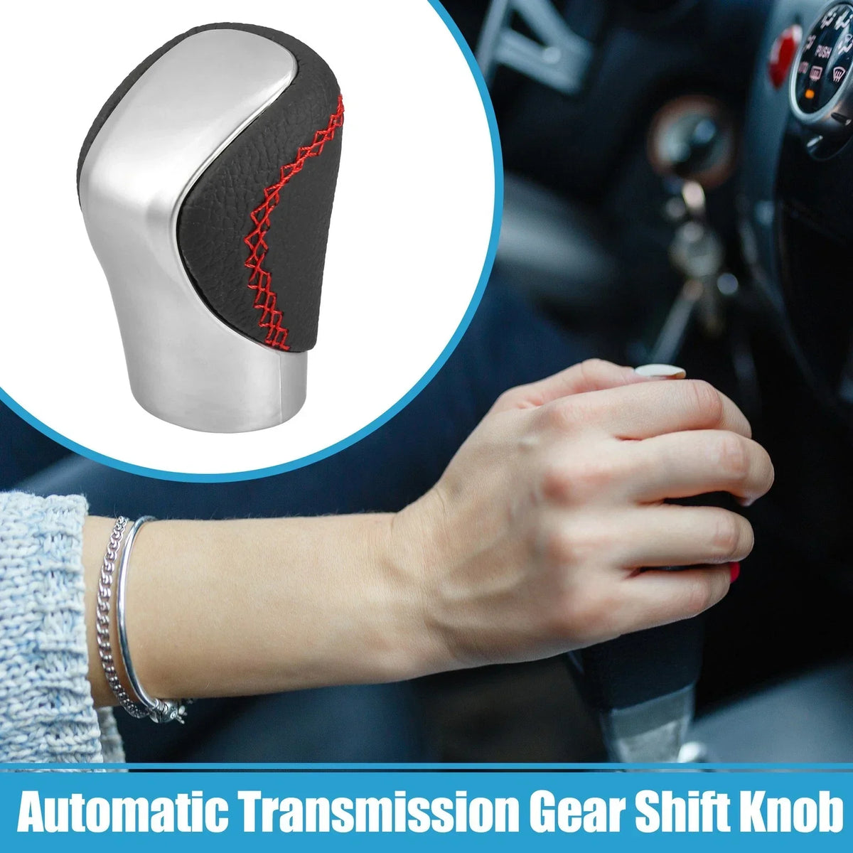 Red Thread Gear Shift Knob Cover in Silver Tone for Lexus