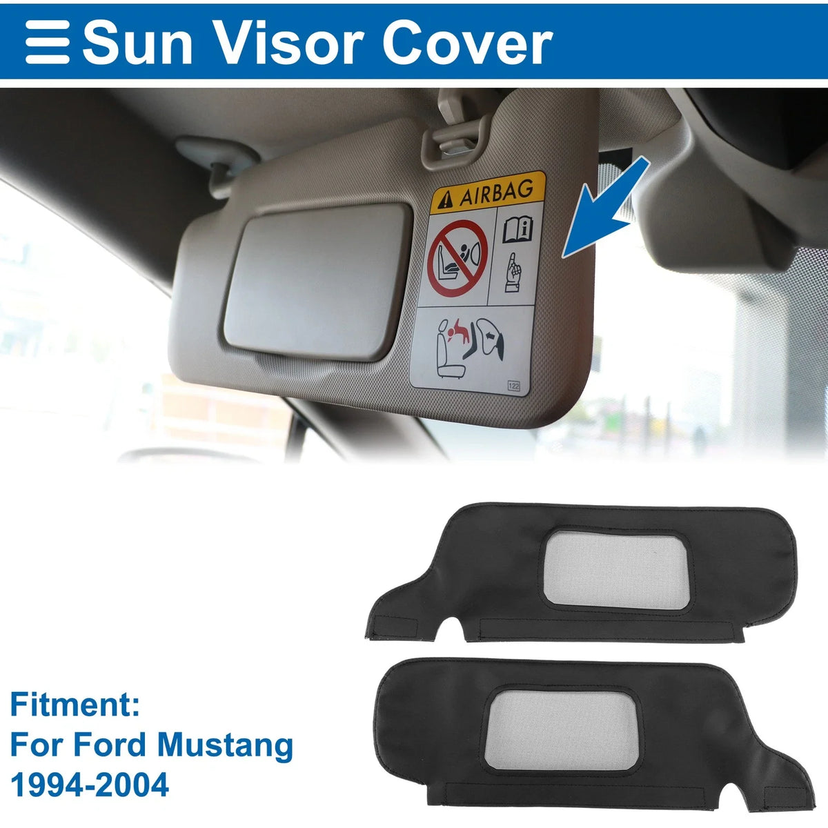 Sun Visor Cover Set for Ford Mustang (1994–2004) Left Right Side Leather Black