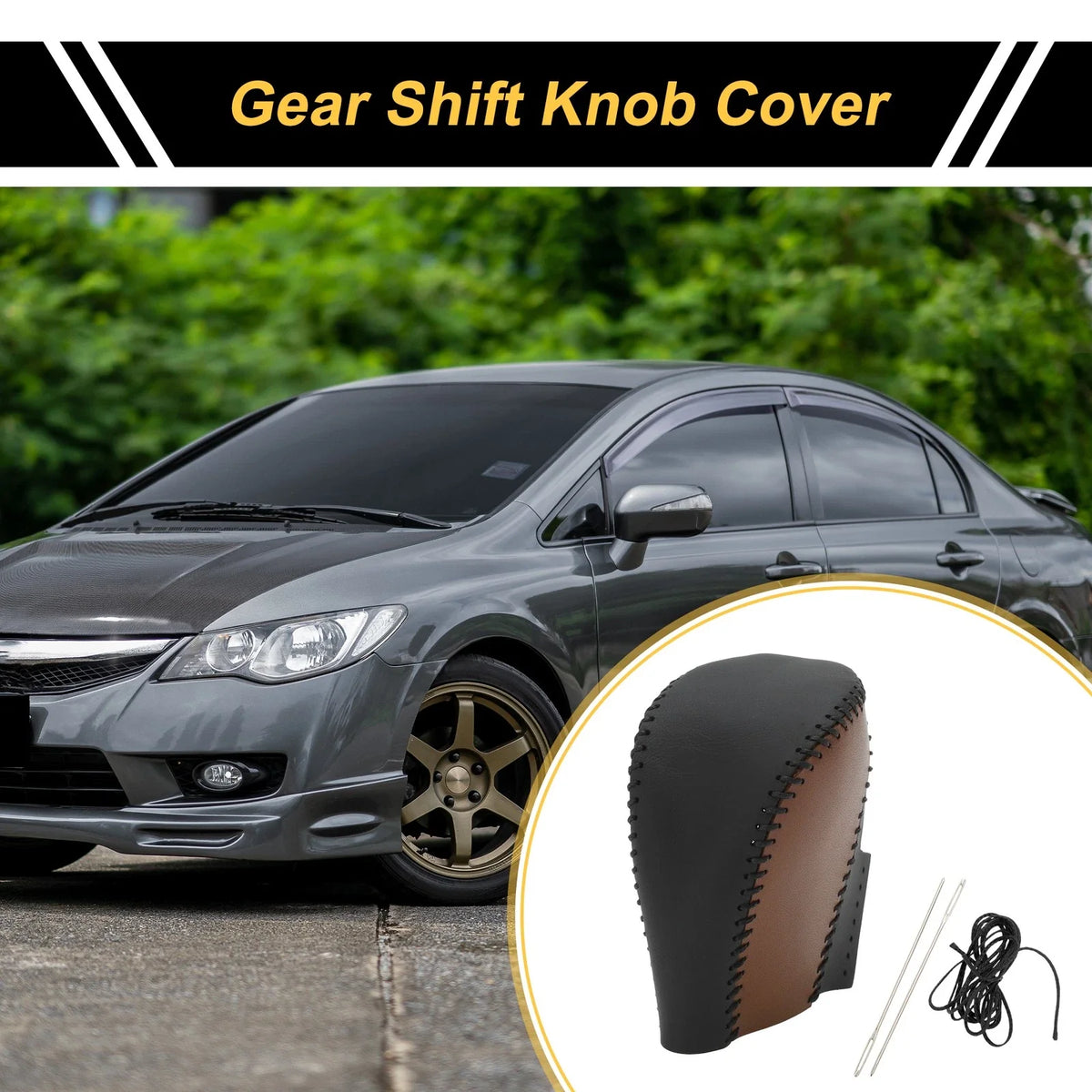 Gear Shift Knob Cover for Honda Civic (2016–2021) Black Brown Faux Leather