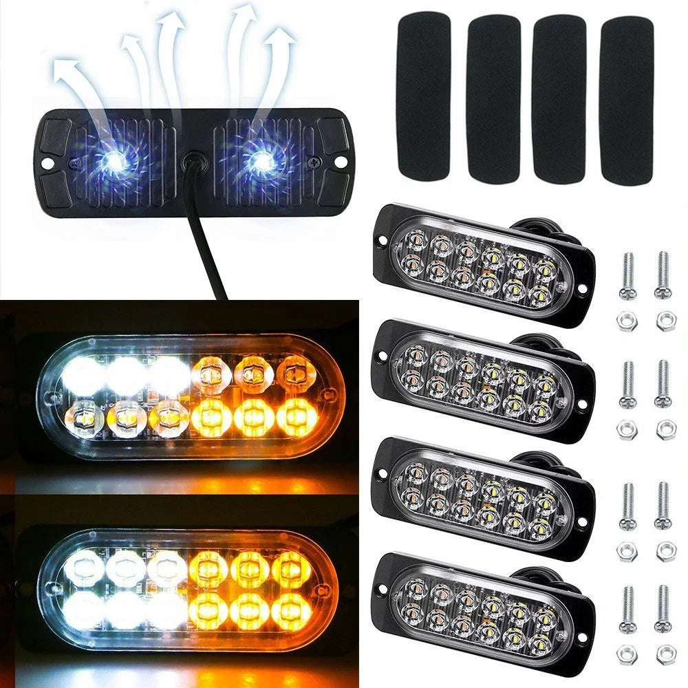 Amber/White 12LED Strobe Light Bar - 4X for Car Truck