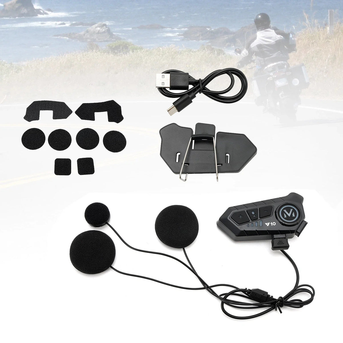 Helmet Speaker Bluetooth Headset for Motorcycle - Universal Fit (Black)