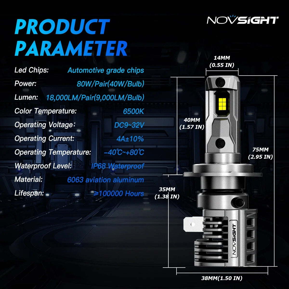 LED Headlight Bulbs H7 2X for NOVSIGHT 80W 18000LM 6500K