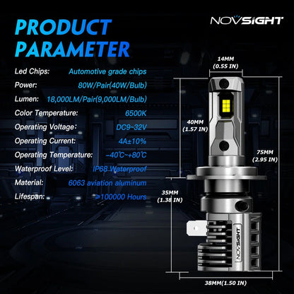 LED Headlight Bulbs H7 2X for NOVSIGHT 80W 18000LM 6500K