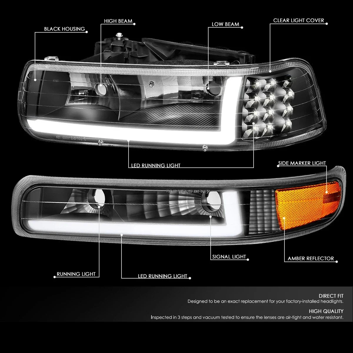 LED DRL Black Amber Side Headlight Bumper Lamp for Silverado (1999–2002)