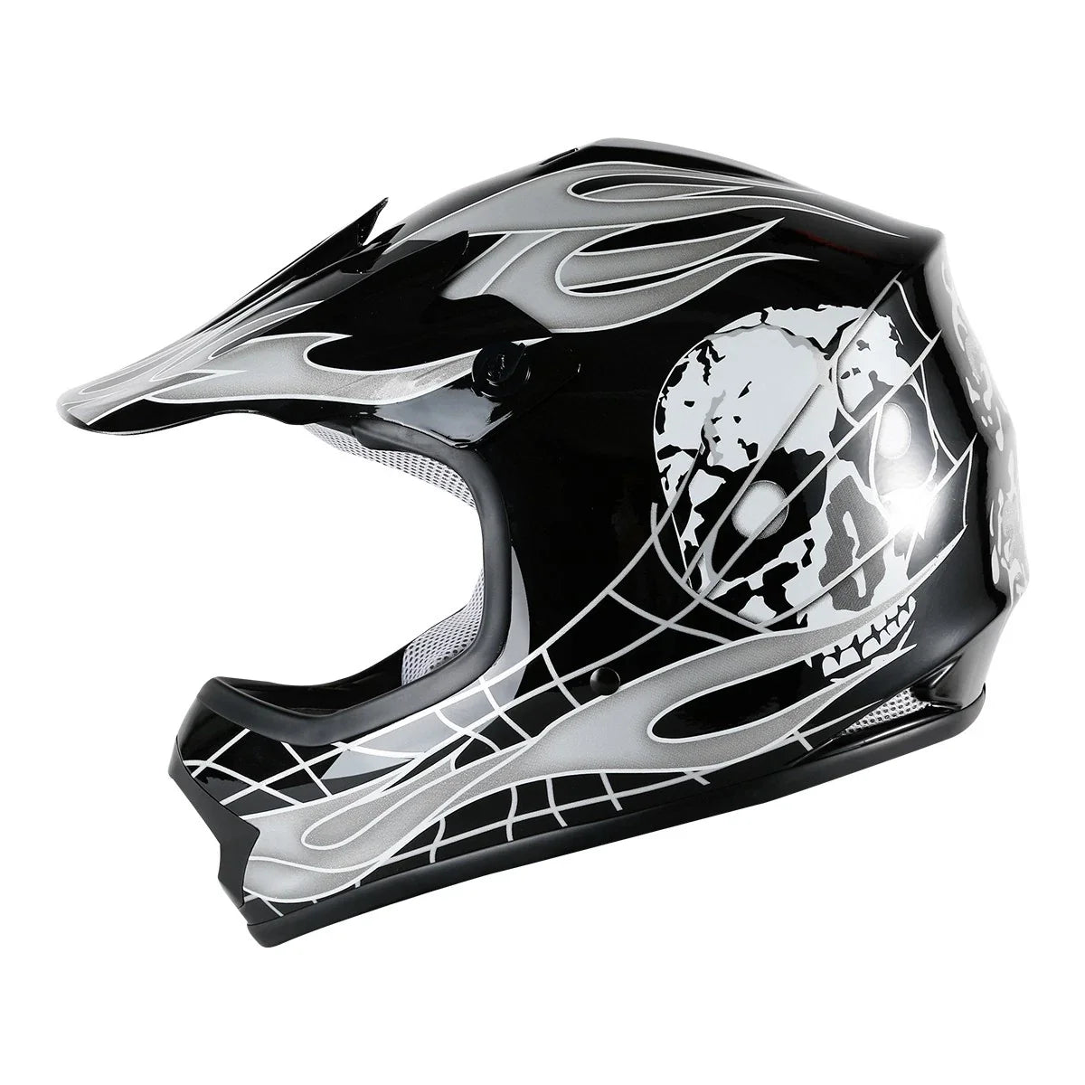 Youth Kids ATV Motocross Dirt Bike Black Skull Helmet with Goggles & Gloves (S, M, L, XL)