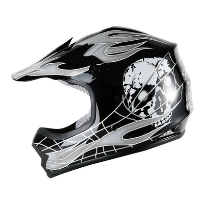 Youth Kids ATV Motocross Dirt Bike Black Skull Helmet with Goggles & Gloves (S, M, L, XL)
