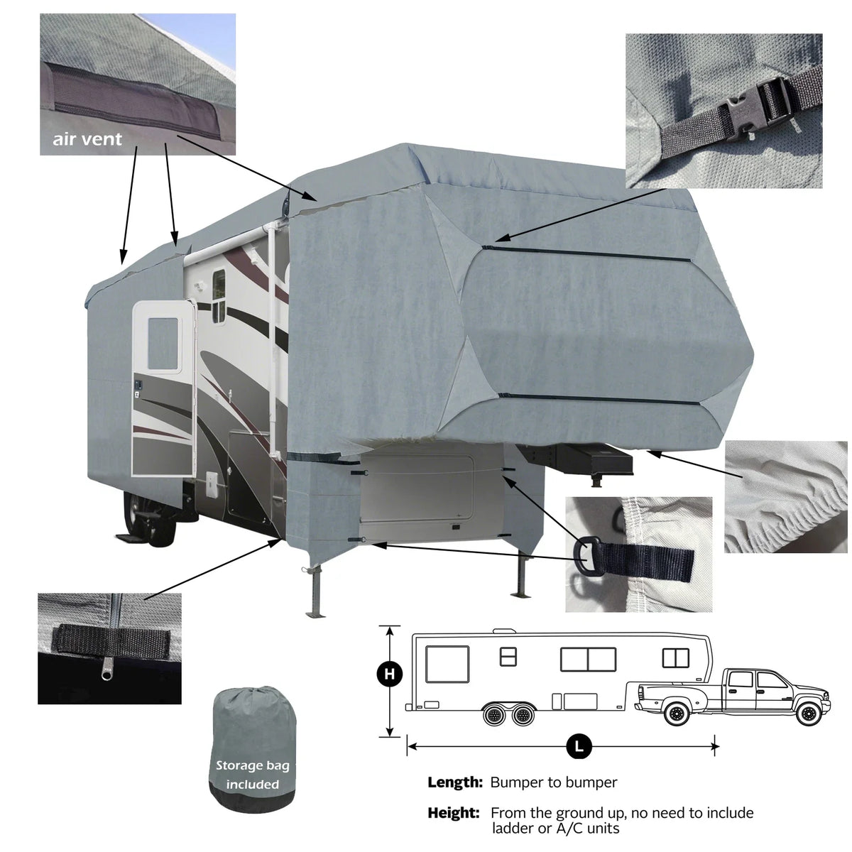 4-Layer 5th Wheel RV Cover for Motorhome 33'-37' L Extra Tall 140"H