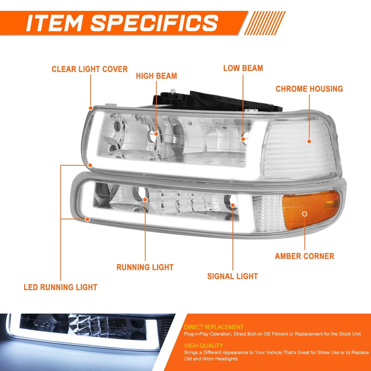 LED DRL Chrome Amber Headlights for Chevy Silverado Suburban Tahoe (1999–2006)