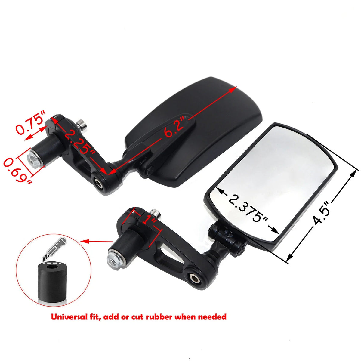 Set of 2 Black 7/8" 22mm Rectangle Rear View Mirrors for Motorcycle