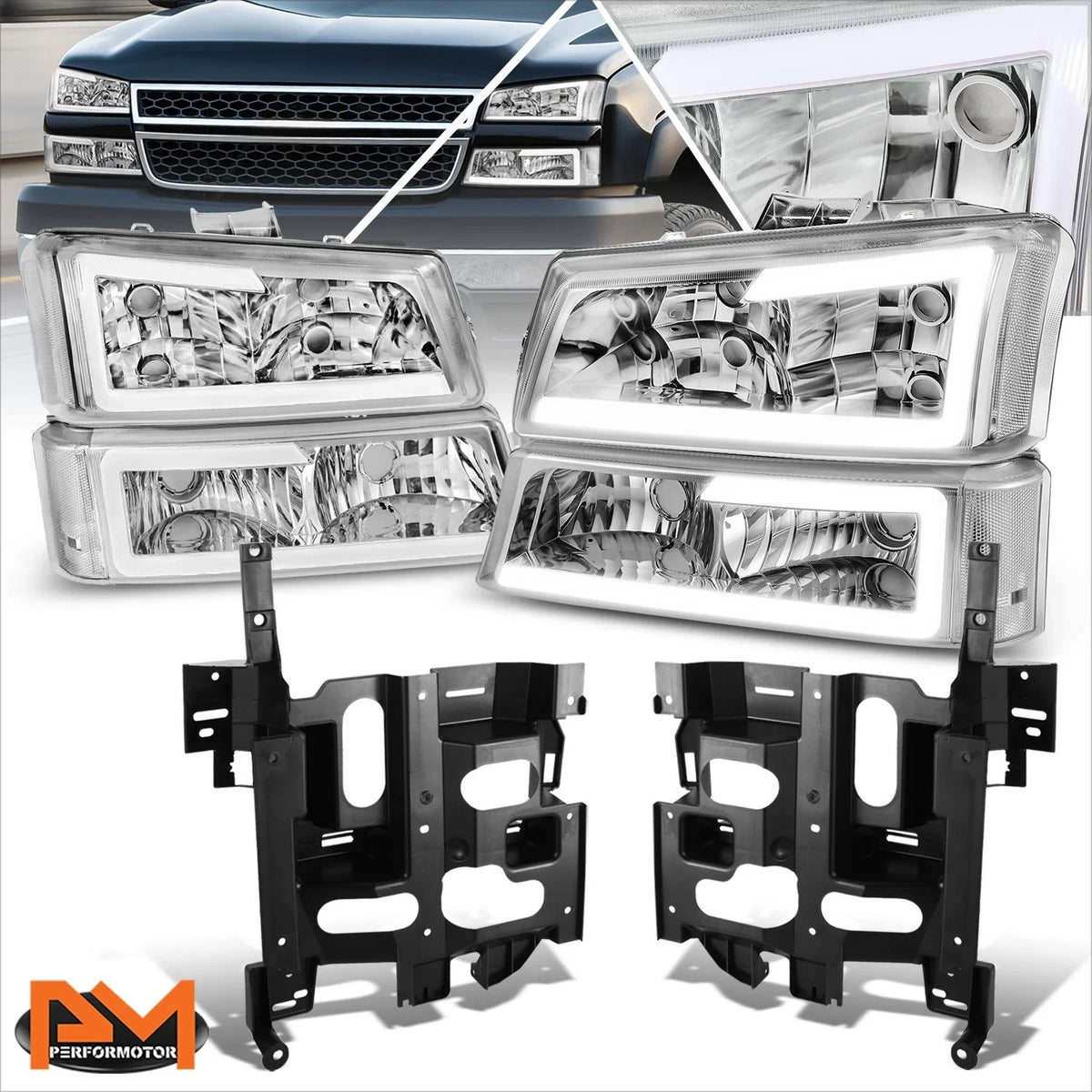 Headlights with Bracket for Chevy Avalanche Silverado 2003-2007 LED DRL