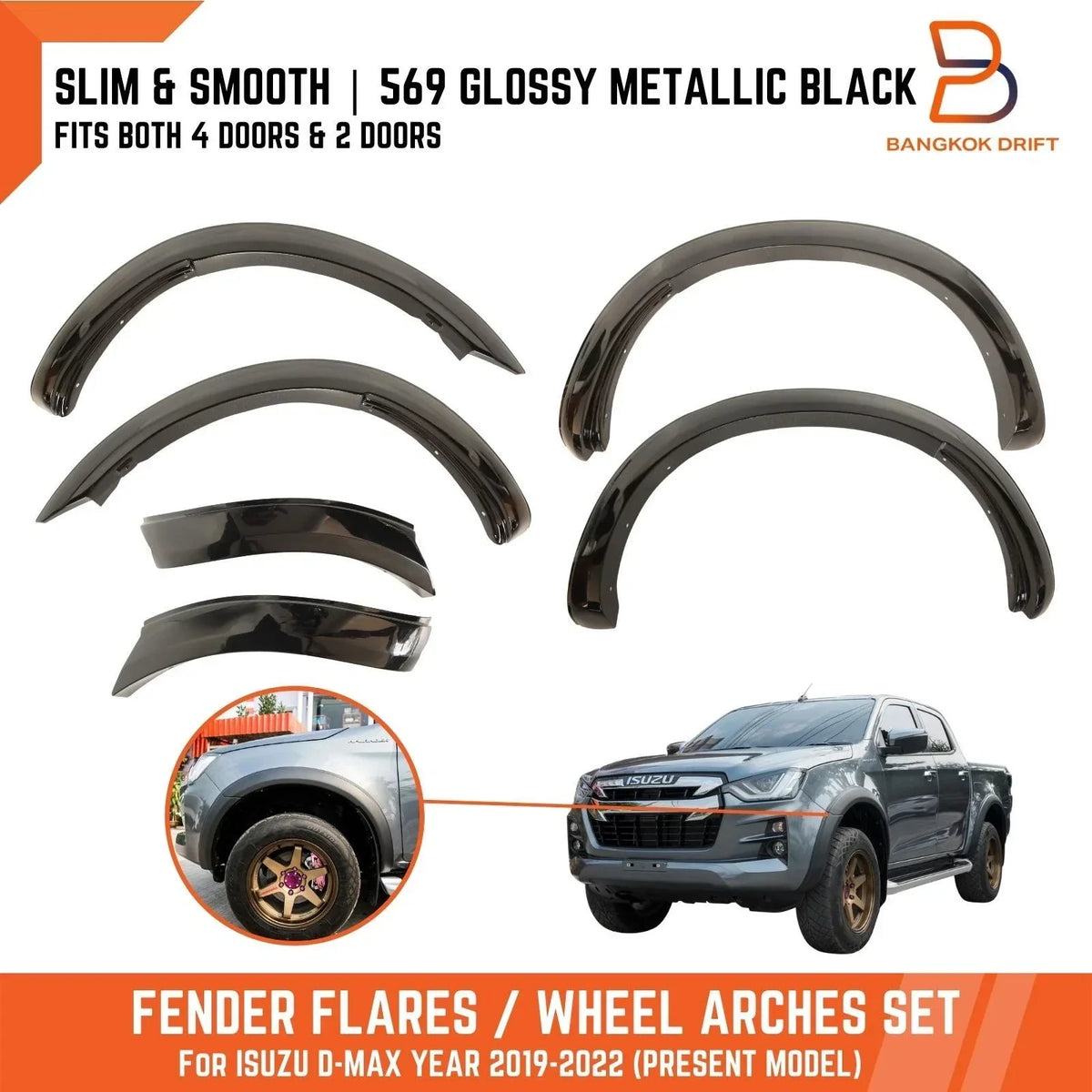 3" Slim Gloss Black Fender Flare Arch for Isuzu D-Max (2020-2023)
