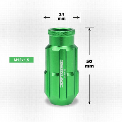 Open End Bulge Spline Lug Nuts 20Pc M12X1.5 Green + Lock Key