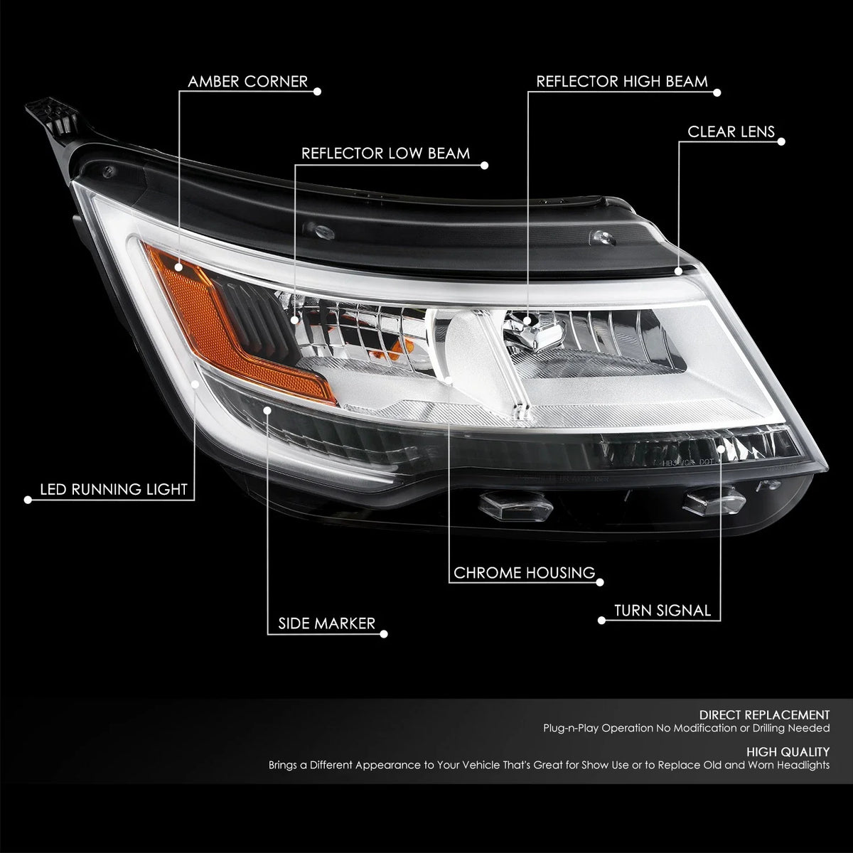 LED DRL Headlight Right Passenger Side for Ford Explorer (2016–2018) Chrome