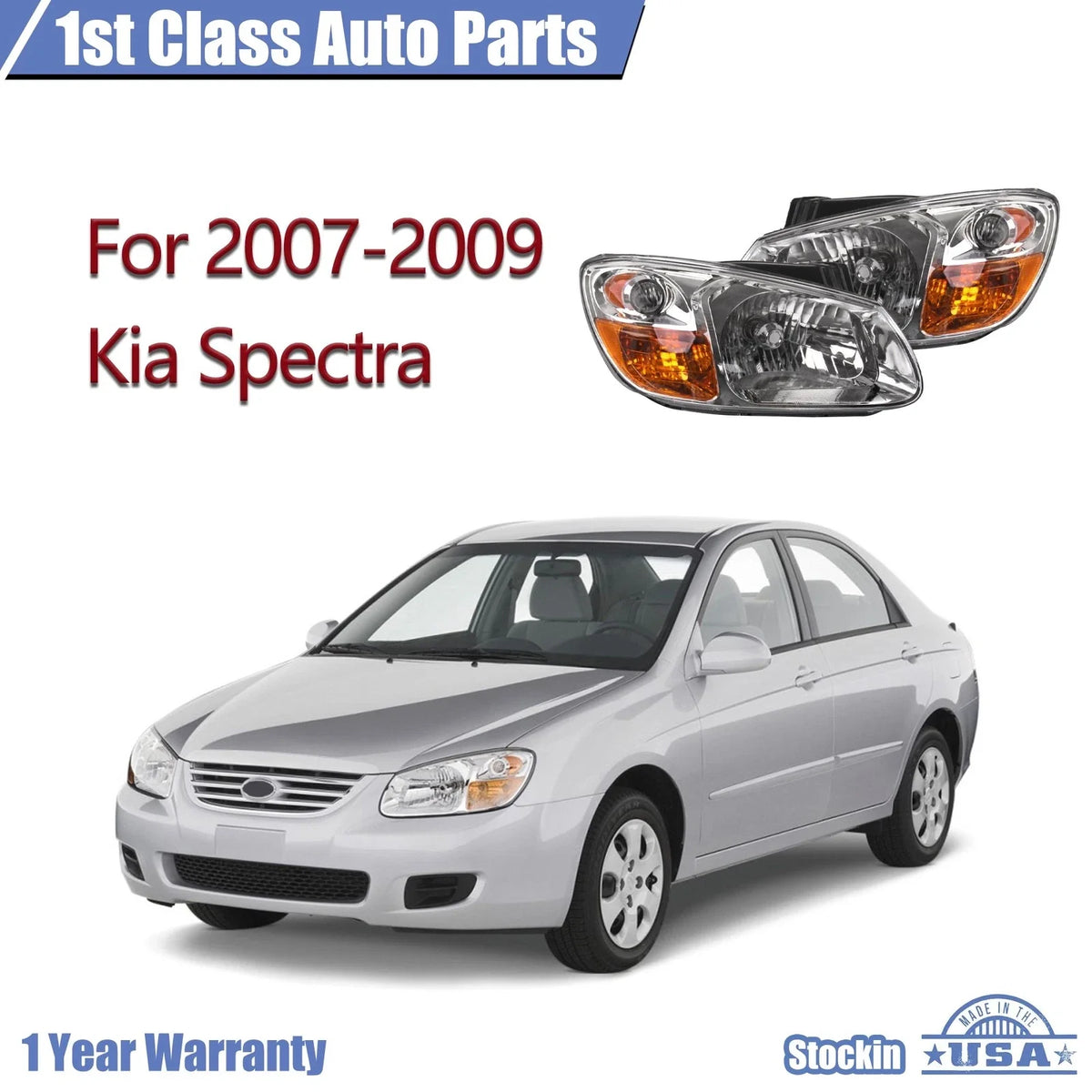 Headlight Assembly Set of 2 for Kia Spectra (2007–2009) - Includes Bulbs
