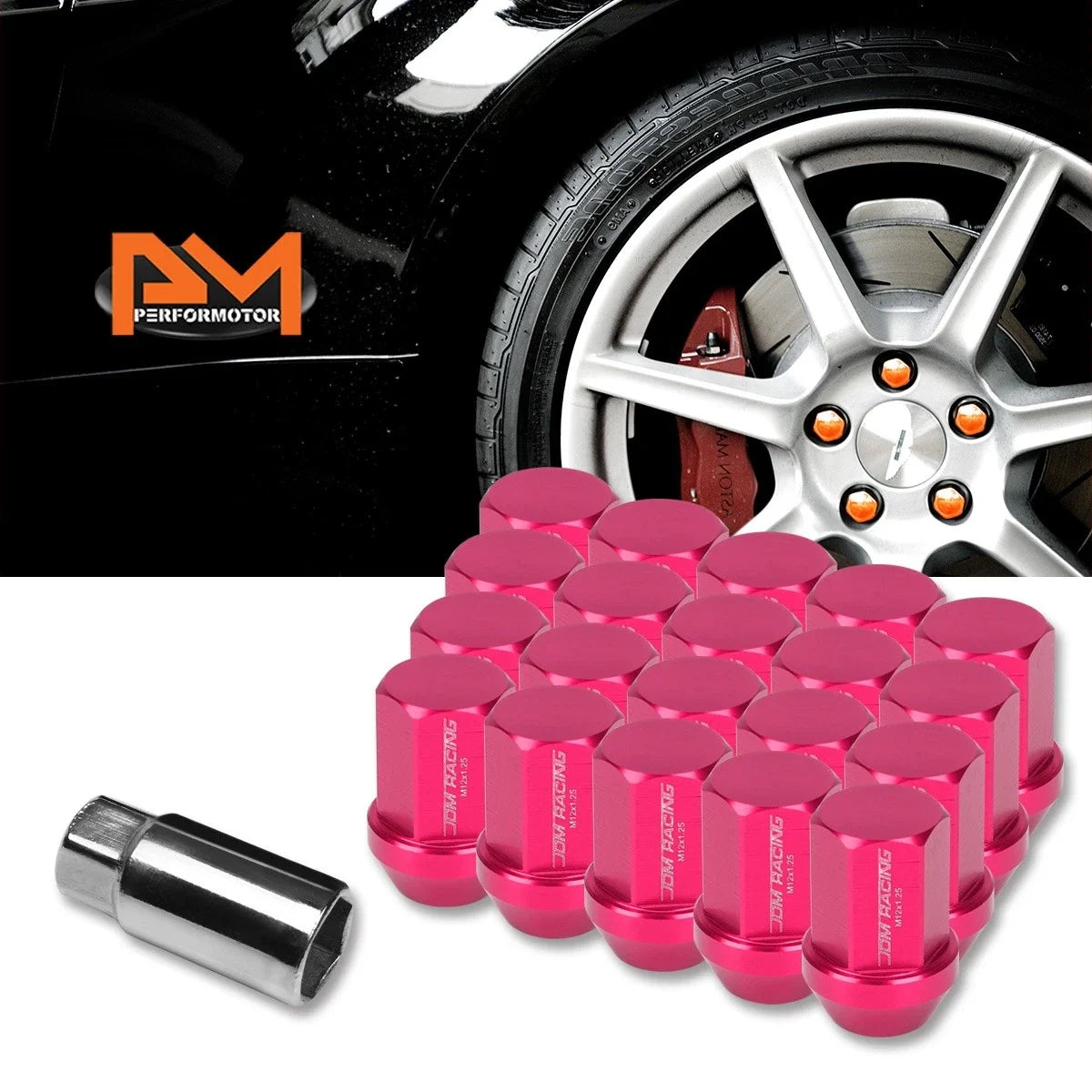 20 Pink JDM Acorn Hex Wheel Lug Nuts M12X1.25 with 25mmx35mm Extension