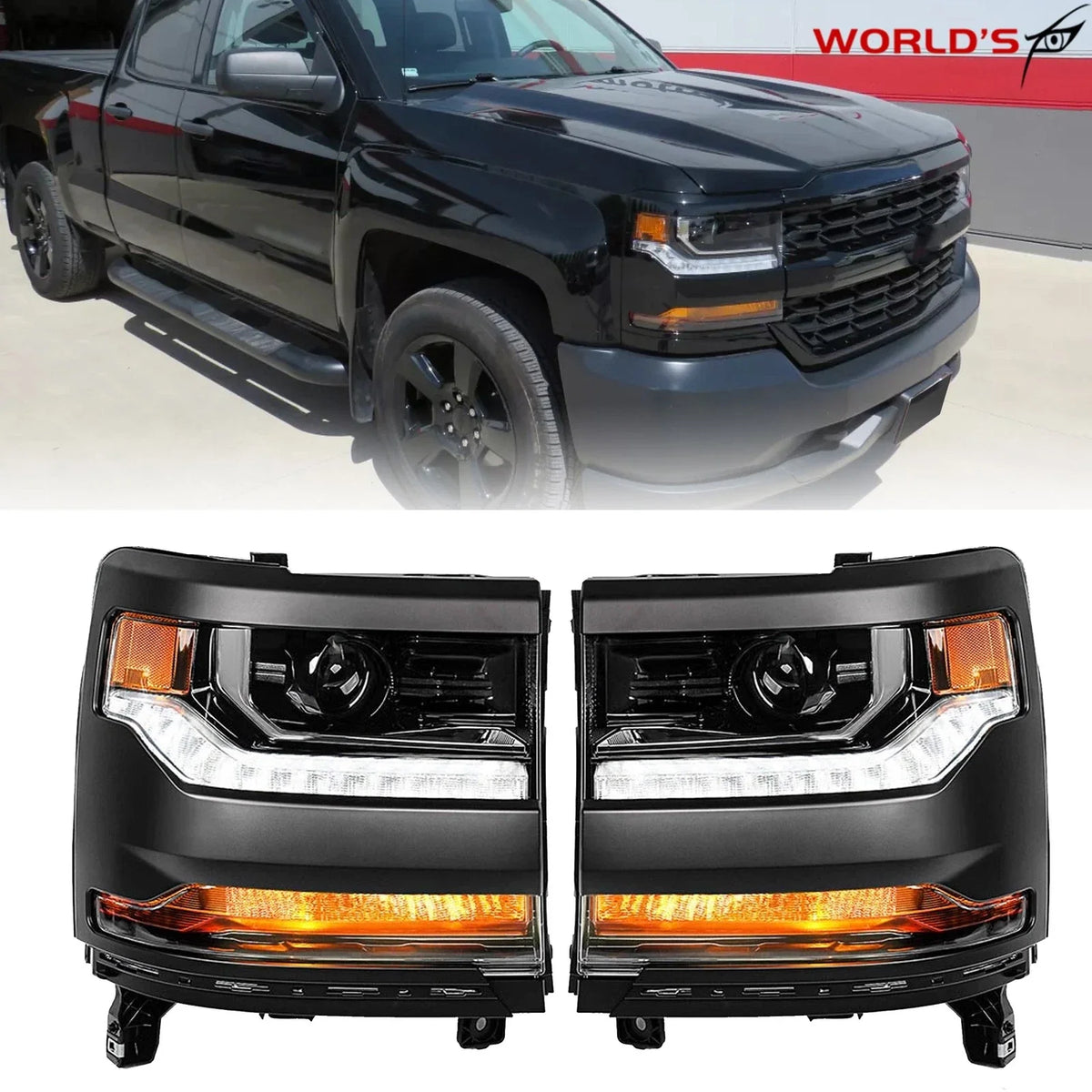 Headlight Set for Chevy Silverado 1500 (2016–2018) HID/Xenon LED Black