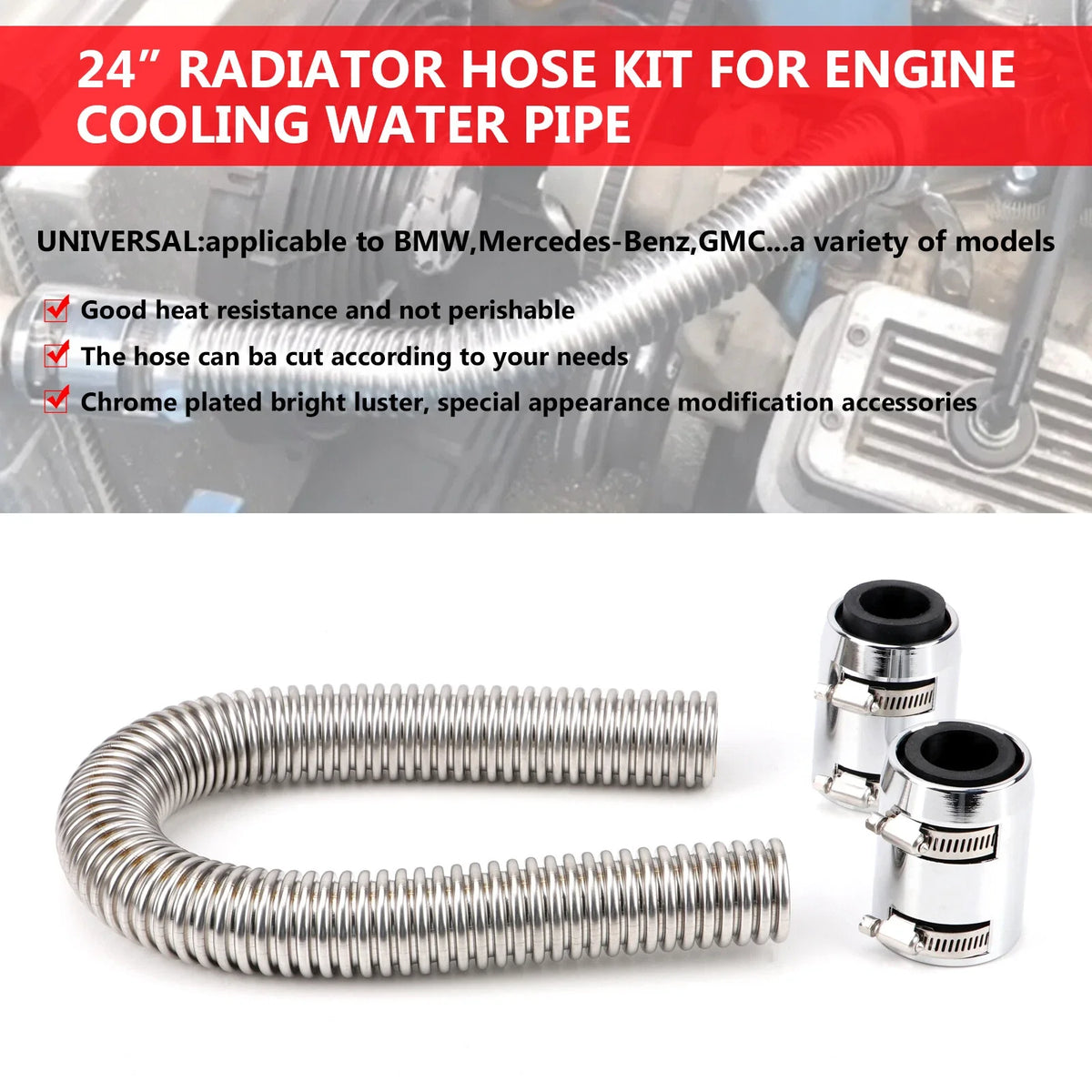 Stainless Steel 24" Radiator Water Hose Kit - Universal Fit