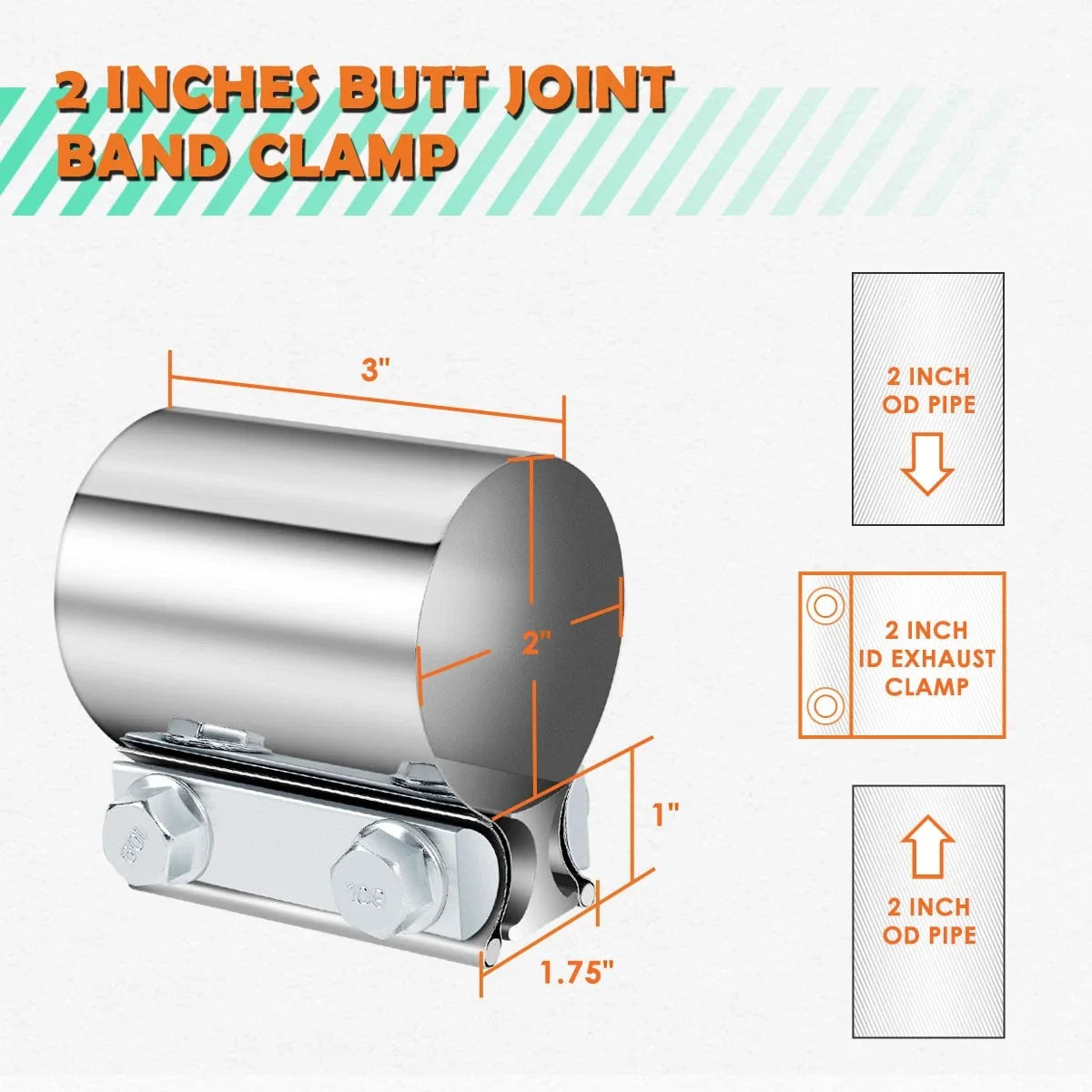 2" ID Stainless Steel Catback Exhaust Pipe Clamp for Universal Fit