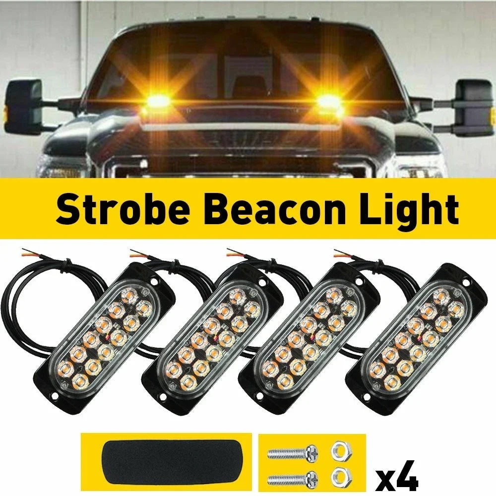 4X 12 LED Beacon Strobe Light - Amber Warning Hazard for Trucks