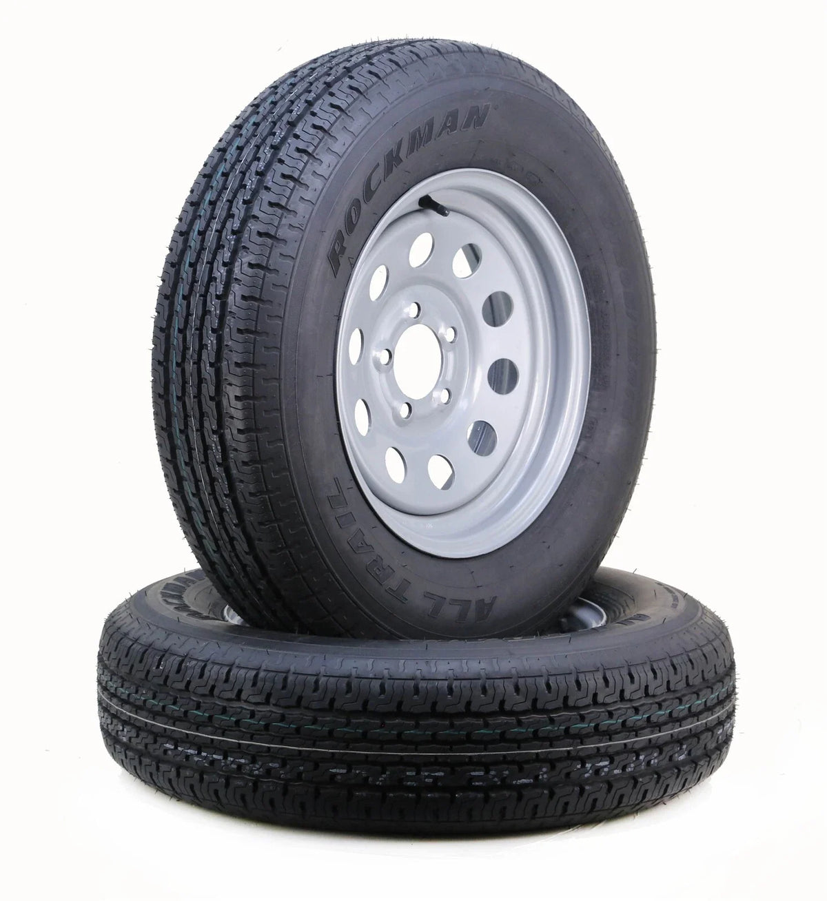 2 Rockman Trailer Tire Rims ST205/75R15 8-Ply D 107M 5 Lug x 5" Silver Mod