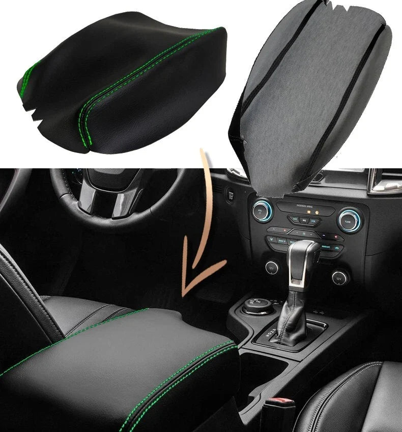 Leather Console Lid Armrest Cover for Ford Ranger (2019–2020) Green Stitch