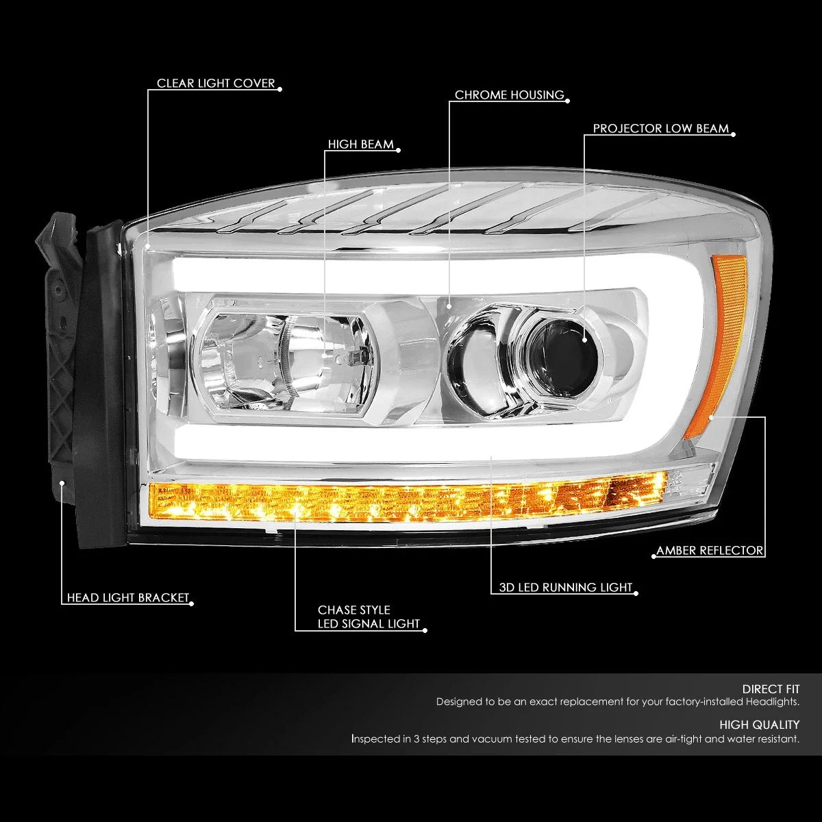 LED DRL Sequential Turn Signal Projector Headlight for Dodge Ram (2006–2009)