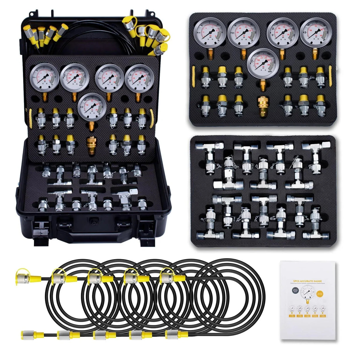 Hydraulic Pressure Test Kit 5 Gauge with 13 Couplings & 14 Tee Connectors for Excavator