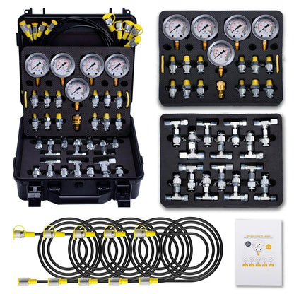 Hydraulic Pressure Test Kit 5 Gauge with 13 Couplings & 14 Tee Connectors for Excavator