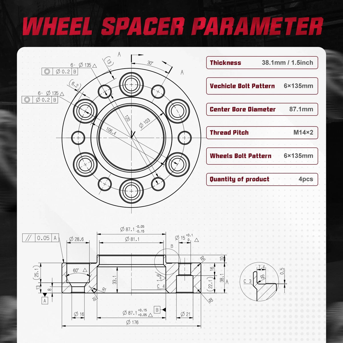 4X 1.5 Inch 6x135 Hubcentric Wheel Spacer M14x2 for Lincoln Mark LT (2006–2014)