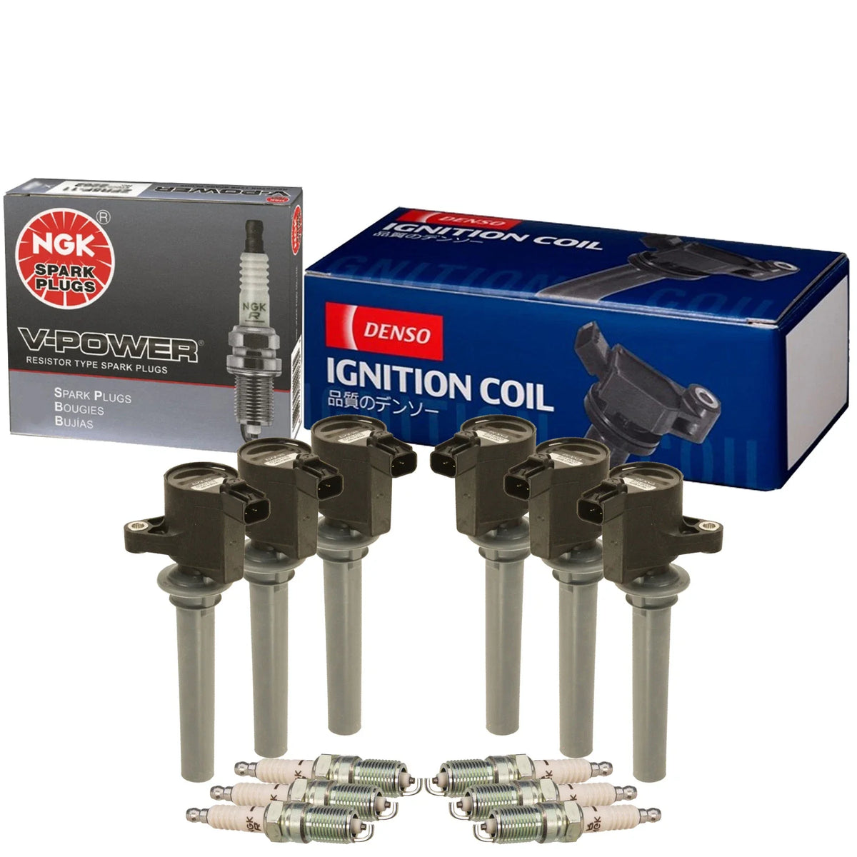 Set of 6 Ignition Coils & Spark Plugs for Ford Mazda Mercury V6 (Denso, NGK)