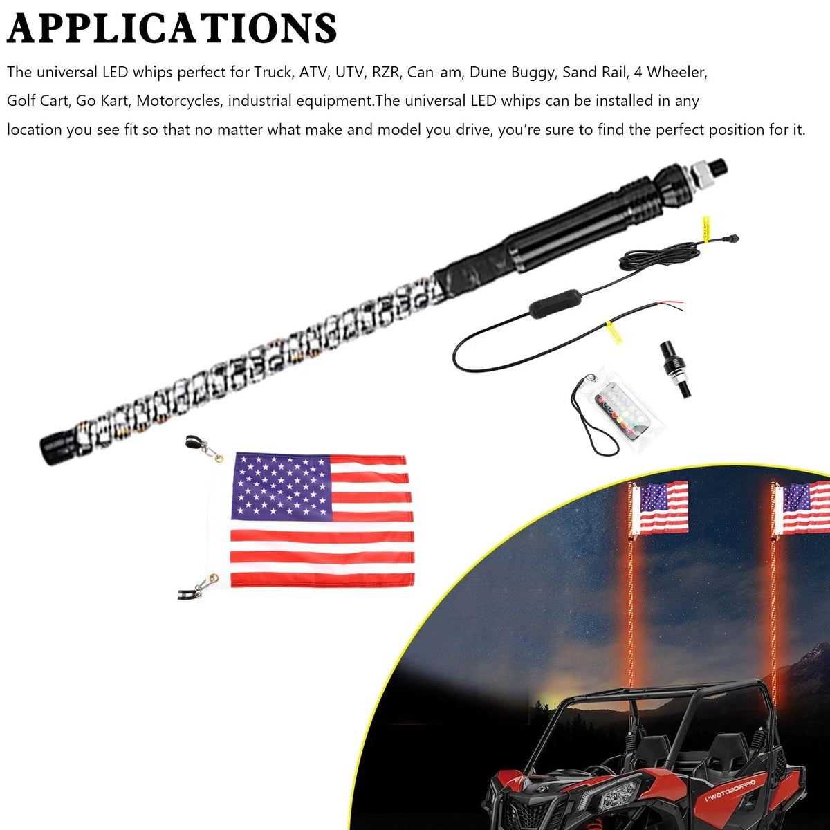 2ft RGB LED Whip Lights for Polaris UTV ATV (2010–2023)