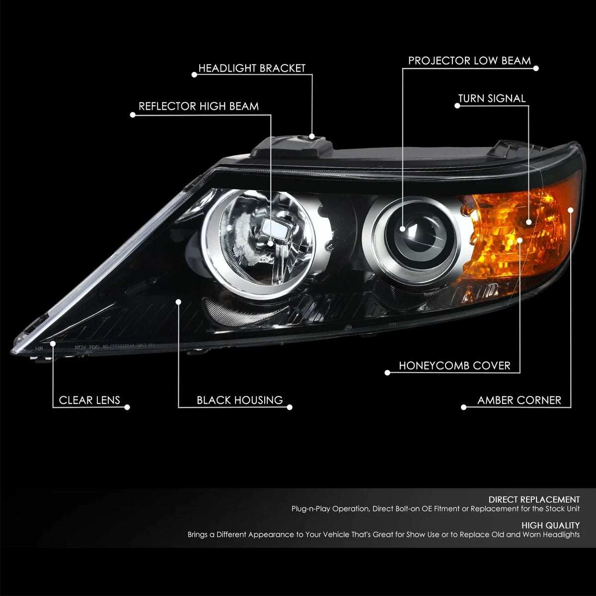 Left Driver Side Projector Headlight Lamp Assembly for Sorento (2011–2013)