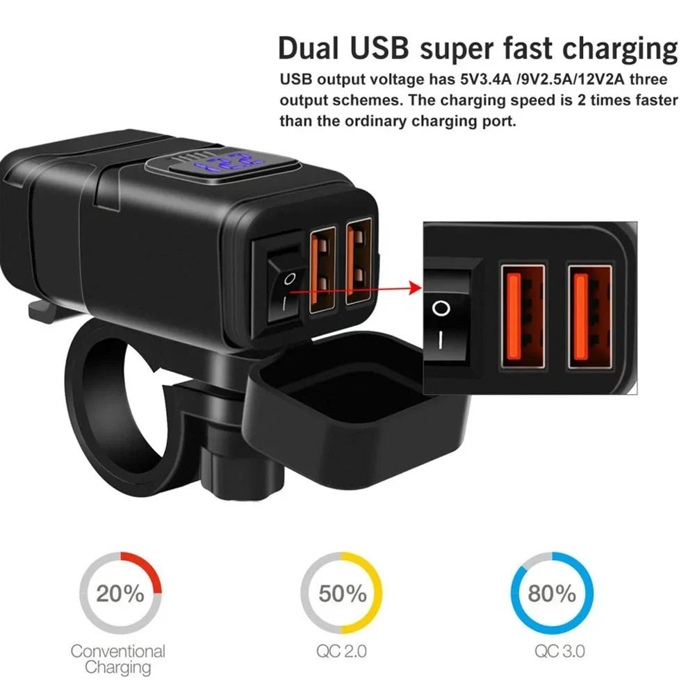QC3.0 Dual USB Charger with Blue LED Voltmeter for Motorcycle (Universal)