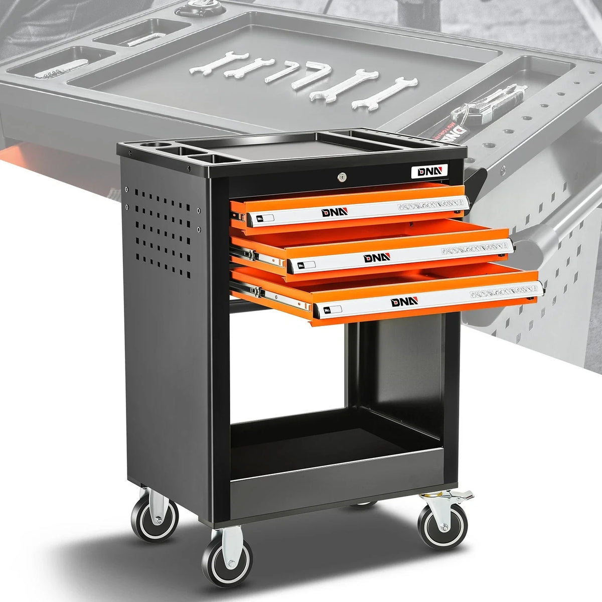 3 Drawer Rolling Tool Trolley Cabinet with Key Lockable Storage