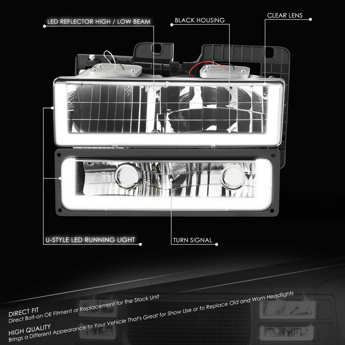 U-Shape LED DRL Headlight & Bumper Turn Signal Lamps for Chevy GMC C/K (1988–2000)