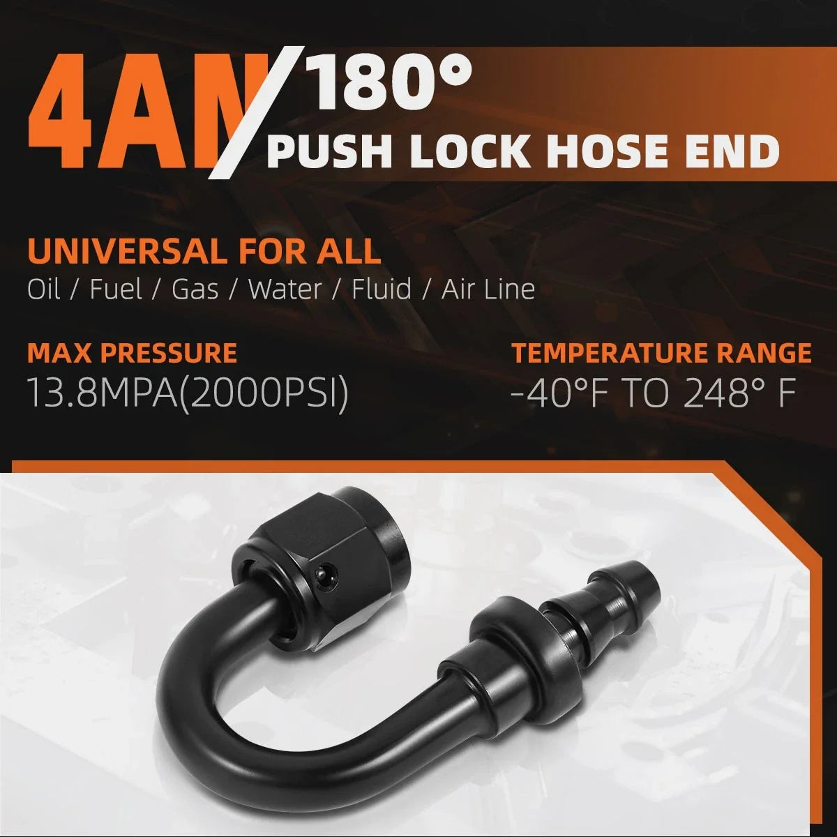 4AN to 1/4" Barb 180° Push Lock Hose End Fitting 2000PSI