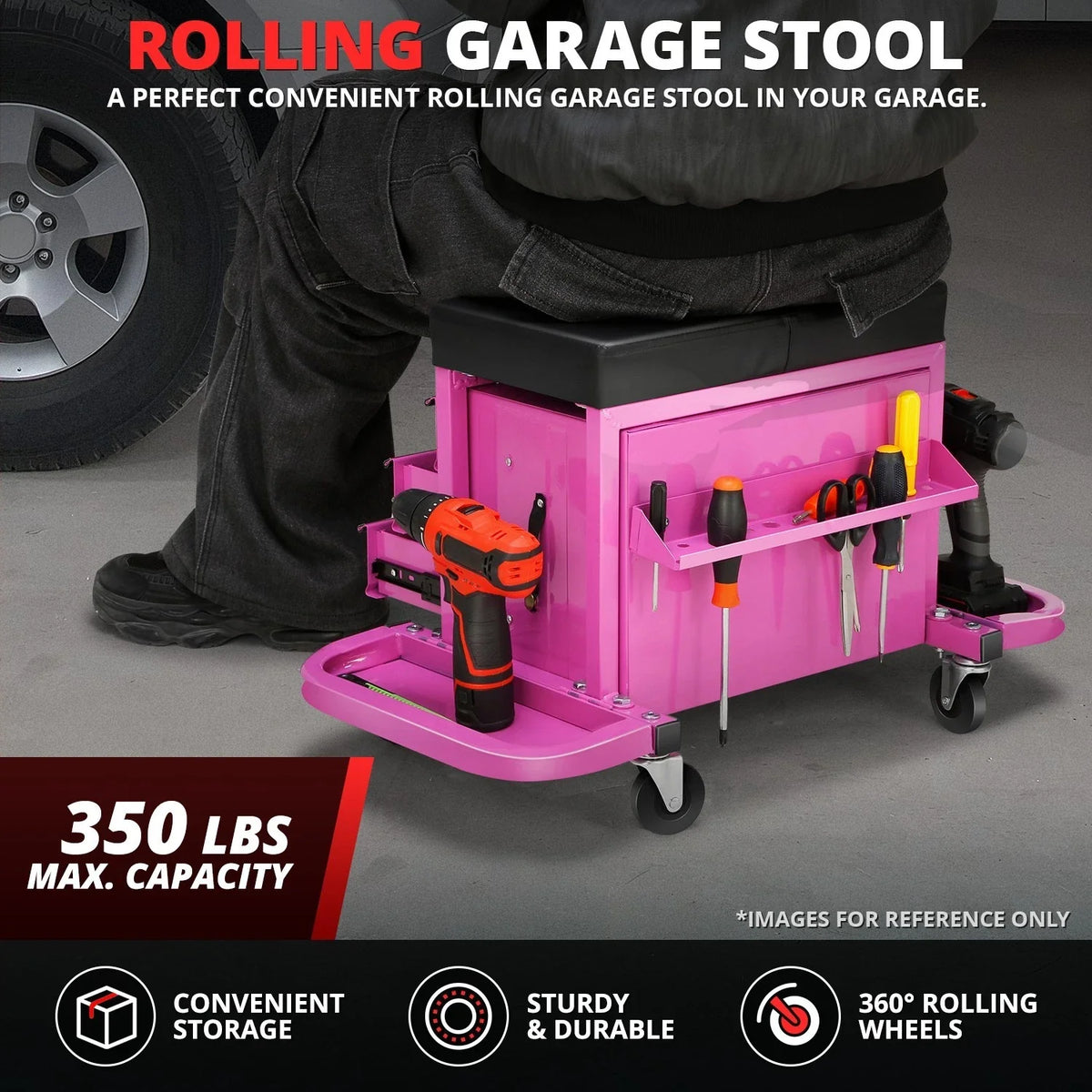 2X Adjustable Rolling Mechanics Tool Seat for Universal Use (350lbs Capacity)