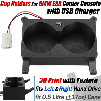 Center Console Cup Holders for BMW E38 (1995–2001) - 24W USB Charger