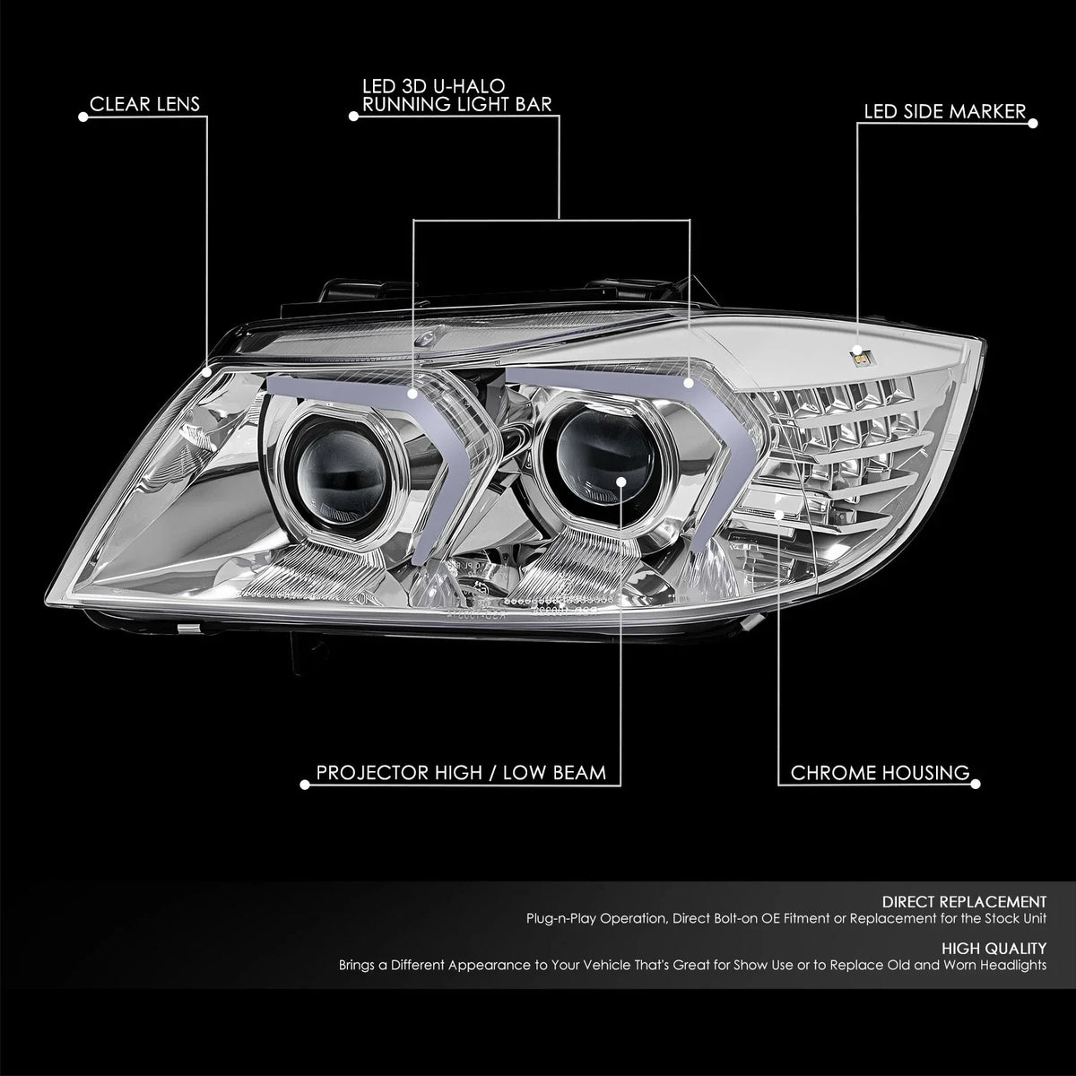 Chrome Clear LED Projector Headlight for BMW 323I (2005–2008)