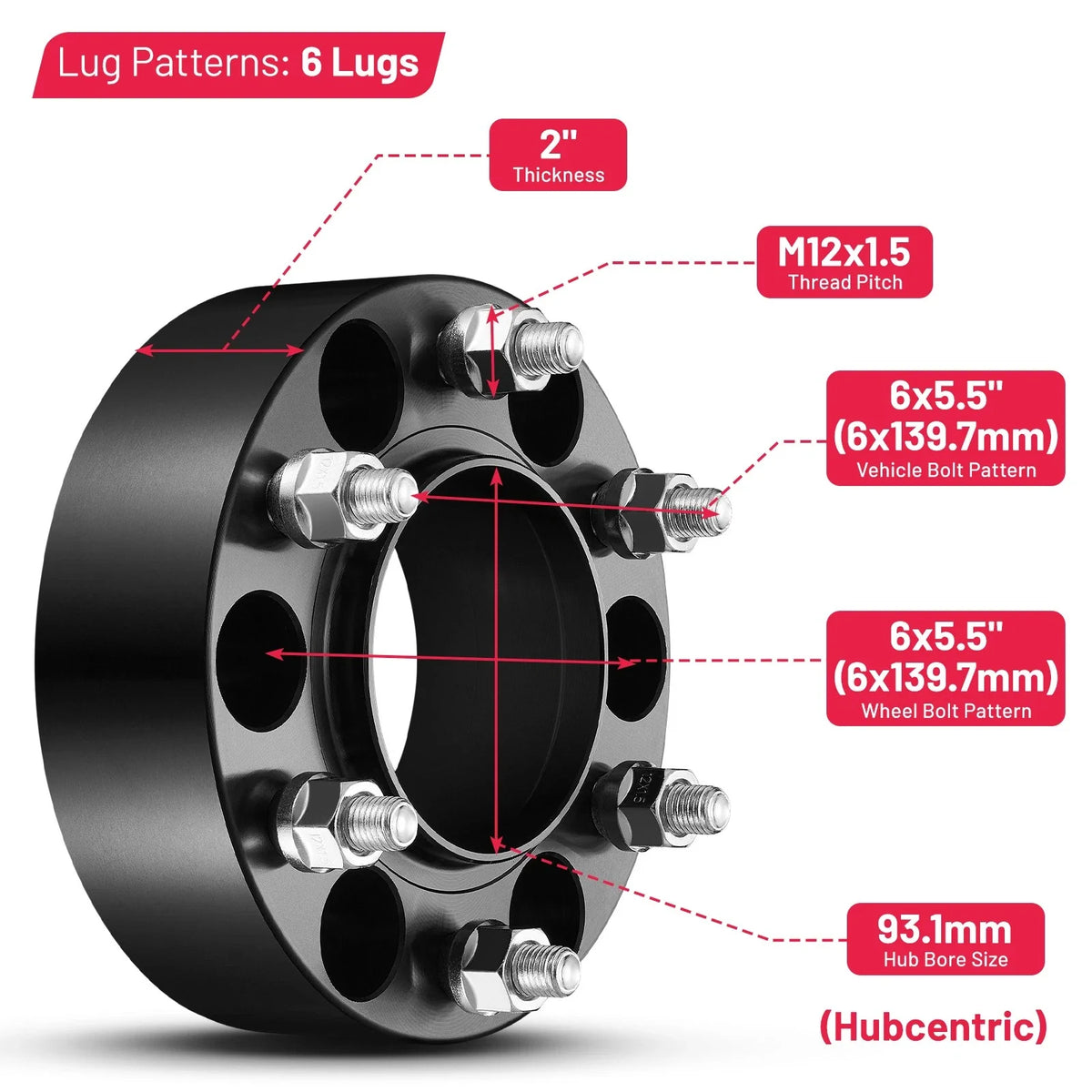 Set of 4 Hubcentric Wheel Spacers 2" 6x5.5 12x1.5 for Ford Bronco (2021–2023)