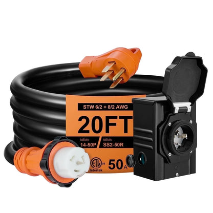 RV Power Cord 20FT 50A with Inlet Box 6/3+8/1 Gauge STW