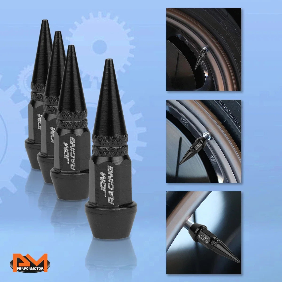 4 Black Aluminum Spiked Tire Valve Stem Caps for Universal Fit Vehicles